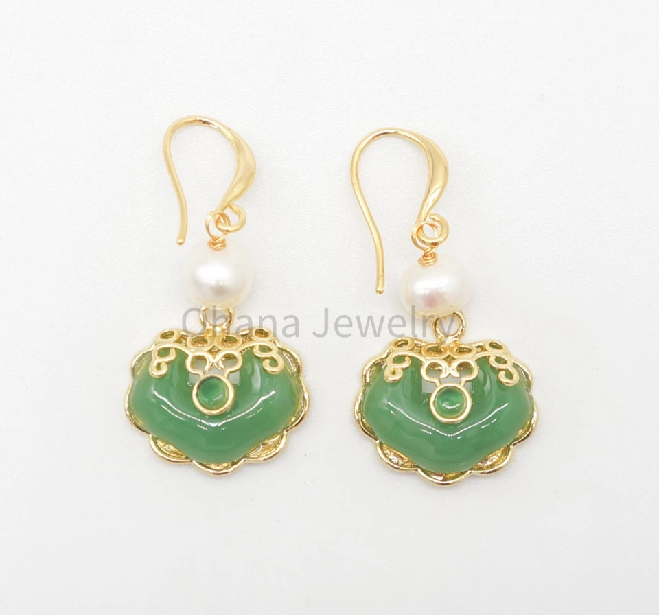 Natural Green Jade Freshwater Pearl Dangling Drop Earrings - Money Bag - Imagem 1 de 1