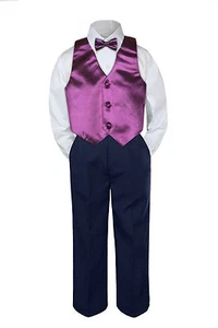 4pc Boy Baby Toddler Kid Eggplant Plum Vest Bow Tie Formal Pants Set Suit S-20 - Picture 1 of 7