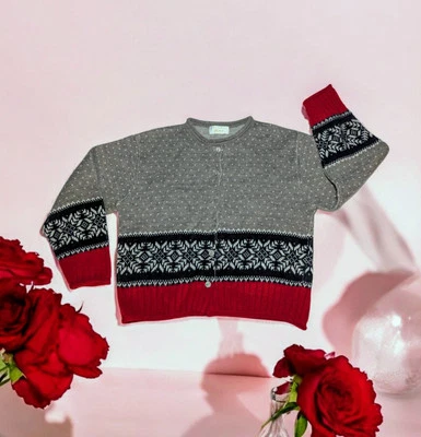 TALLY HO Cardigan Sweater NORDIC Fair Isle HEART Button Up Gray Red Womens Small - Image 1 of 4