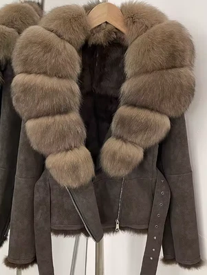 Chaqueta de piel de oveja de gamuza marrón para mujer desmontable cuello de piel real Foto 1 de 4