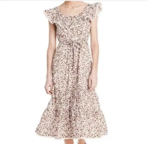 Rixo  Brown Boho Floral Ruffle Prairie Midi Dress Tie Waist Cottage XS NWOT - Picture 1 of 11