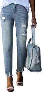 Womens Jeans Mid Waisted Stretchy Ripped Distressed Tummy Control Straight Ankle - Picture 1 of 12