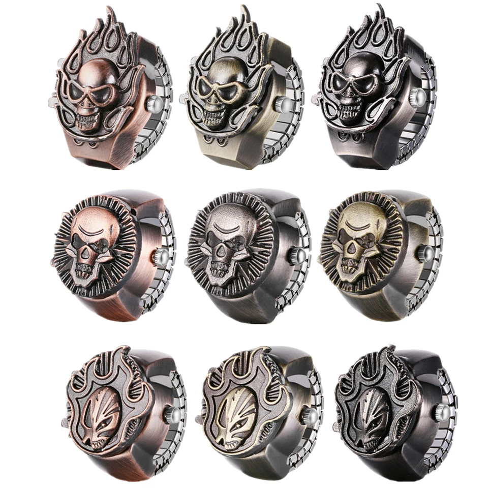 Men Women Finger Watch Punk Skull Flip-Open Cover Quartz Analog Ring Watches - Image 1 of 2
