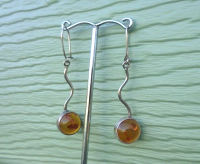 Vintage Plata de Ley Y Ámbar Modernista Pendientes 925 - Cierre Ganchos - Imagen 1 de 4