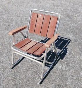 Vintage Red Wood Slat & Aluminum Lawn Chair Rocker Folding Rocking Cedar 3 - Picture 1 of 12