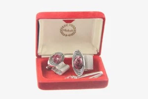 Vintage Mid Century Hickok Pink Rhodonite Silver Tone Mesh Cufflinks & Tie Clasp - Picture 1 of 11