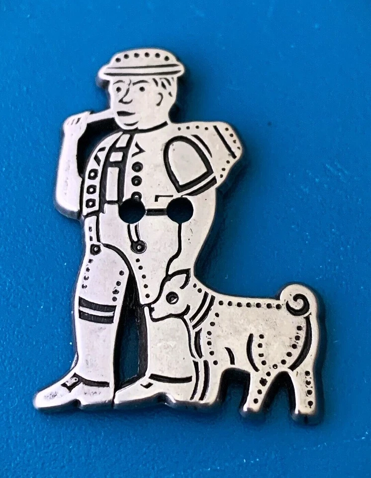 Vintage Pewter Metal Realistic Button - Man Hiking w/ Dog - Image 1 of 1