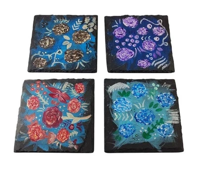 Posavasos de pizarra pintados a mano con diseño floral - Juego de 4 Foto 1 de 4