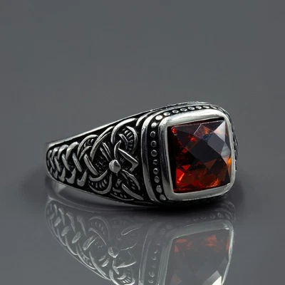 手工雕刻 925 纯银红色石榴石宝石男士戒指 — 第 1/4 张图片