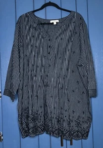 Nueva Camisa Túnica Woman Within Negra Gris Rayas Floral Ojales 22/24 Whimsigoth - Imagen 1 de 6