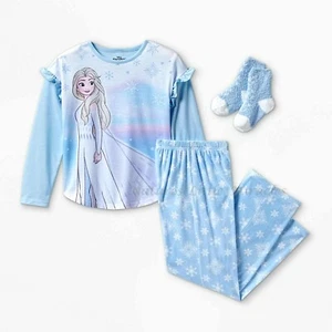 FROZEN Pajamas Girls Size 8 Disney 3 Piece Set + Slipper Socks Elsa Medium NWT - Picture 1 of 4
