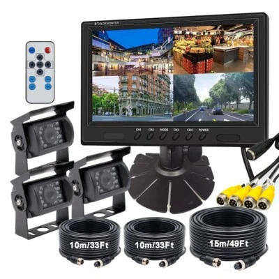 9" Quad Monitor Split Screen 3x Rear View Backup Cameras 12-36v For Truck Rv Van - Image 1 of 4