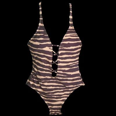 VINCE Camuto Brown Tan Zebra Animal Print Plunge One Piece Swimsuit 10 NEW - Image 1 of 4