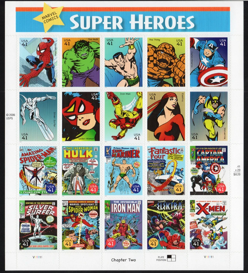 #4159 2007 - 41¢ - Marvel Super Heroes hoja de 20 como nuevo Spiderman Hulk Thing Foto 1 de 2