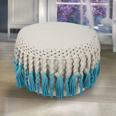 Better Homes & Gardens Round Macrame polyester Pouf, Blue and Beige - Image 1 of 4