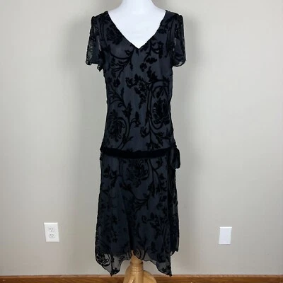 Fairy Whimsigoth Velvet Burnout Dress 12 Black Floral Drop Waist Bow Y2K Vintage - Image 1 of 4
