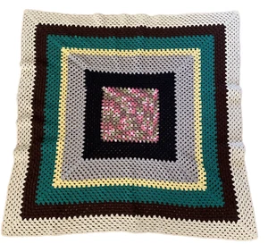 Vtg Hand Crocheted Afghan Geometric Multicolor Square Throw Blanket 48x48 - Picture 1 of 9
