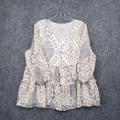 Charming Charlie Top Womens 14/16 White Floral Peplum Peasant Cottagecore Boho - Image 1 of 4