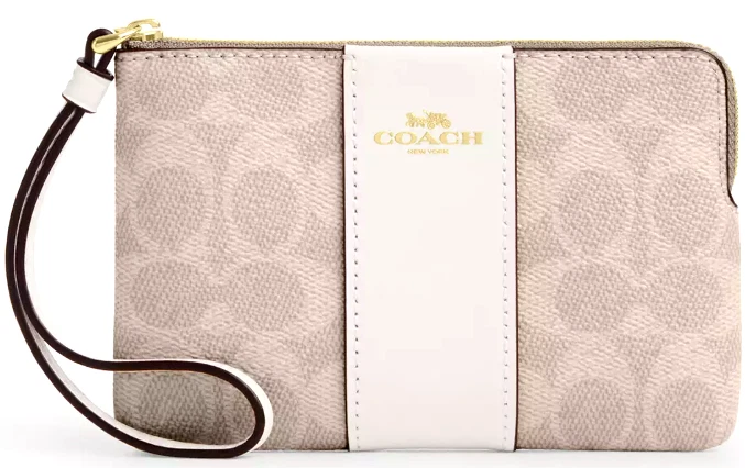Coach Corner Zip Wristlet - CW854 Sand Chalk Signature Canvas / Leather - 