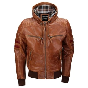 Herren Braun Kapuze Lederjacke Echtleder Biker Warm Leder Reißverschluss Hoodie - Bild 1 von 4