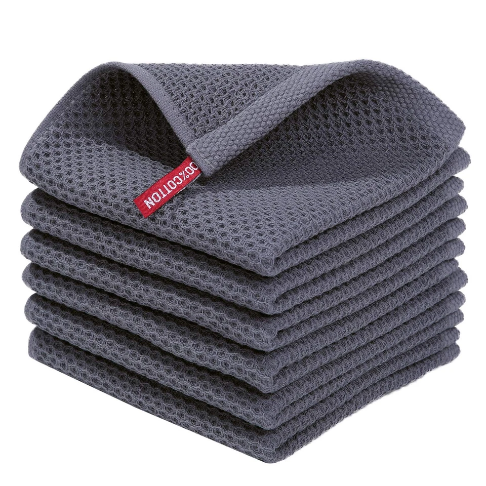6 Waffle Weave Kitchen Dish Cloths 100 Cotton Quick Drying 12x12 in Dark Grey