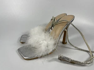 Cuccoo Women Metallic Snakeskin Embossed Fuzzy Band Rhinestone Decr Heels Sandal - Picture 1 of 12