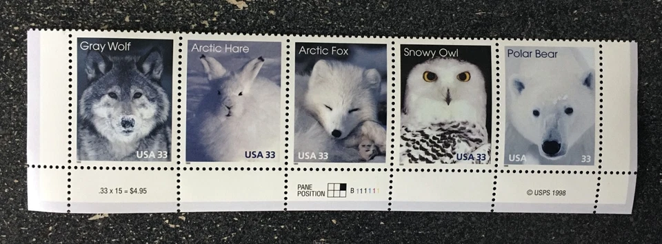 1999USA #3288-3292a 33c Arctic Animals - Bottom Plate Strip of 5  Mint - Image 1 of 1