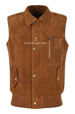 Chaleco de cuero de gamuza tostado para hombre Chaleco de moda con botones cuello clásico BRADLEY Foto 1 de 4
