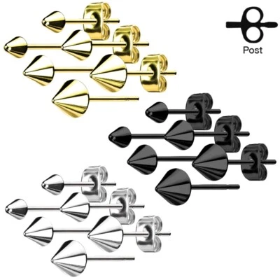 Stainless Steel 3mm-5mm Cone Spike Post Stud Earrings Silver Black Gold Plated - Image 1 of 4