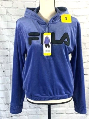 NWT FILA Womans Blue Velour 1/3 Zip Long Sleeve Hoodie Sweatshirt Pockets Small. - Image 1 of 4