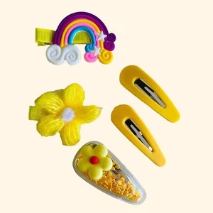 Hair Clips Yellow Set 5 pcs for Girls Flower Kawaii Snap Clips Barrette NEW - Picture 1 of 6