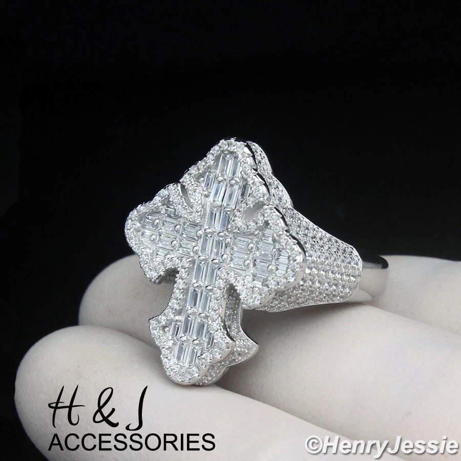 MEN 925 STERLING SILVER ICY BLING BAGUETTE CZ HIPHOP 3D CROSS RING*ASR236 - Image 1 of 1