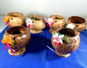 SIX ~ COCONUT SHELL CUPS ~ "HAWAII" ~ FLOWER & STRAW HOLE ~ LUAU / BEACH PARTY - Picture 1 of 19