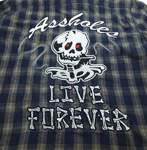 Large A$$HOLES LIVE FOREVER SMOKING SKULL BLUE Tan PLAID FLANNEL Aholes - Picture 1 of 6