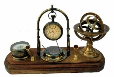  Antique Brass Pen Holder Compass Armillary Design Table Desktop  - Image 1 of 4