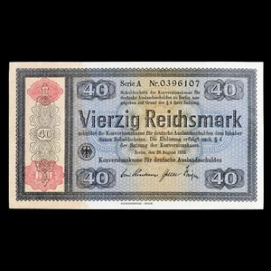 1934 GERMANY 40 REICHSMARK ✪ NAZI CONCENTRATION CAMP MONEY ✪ CONVERSION FUND AU - Picture 1 of 2