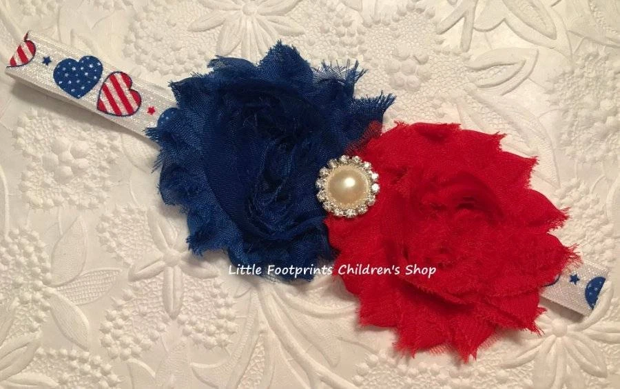 Red White Blue Patriotic Shabby Flower Jeweled Flag Heart Headband - Image 1 of 1