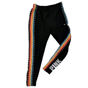 Victorias Secret Pink Skinny Track Leggings M Sweat Pants Tight Rainbow Stripes - Picture 1 of 11