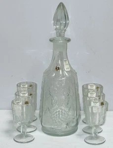 Westmoreland PANELED GRAPE CRYSTAL 13" WINE DECANTER &6 CORDIAL GOBLETS STICKERS - Picture 1 of 3