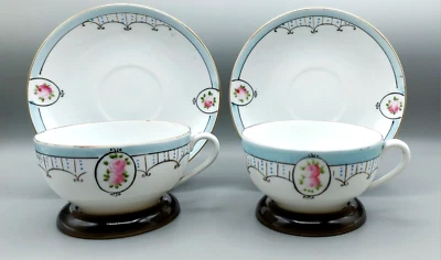 Antigua taza y platillo Noritake/rosebuds rosas/bandas azules/pintado a mano c.1918 Japón Foto 1 de 4