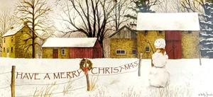 Biglietto Auguri Buon Natale Fienile Fattoria Pupazzo di Neve Felice Anno Nuovo - Foto 1 di 2