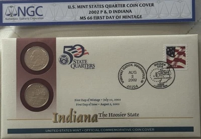 2002 P&D Indiana Quarter Coin Cover NGC MS66 FDOI - Image 1 of 2