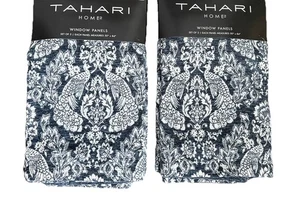 Tahari Set Of 4 Peacock Bird Blue Jacquard Window Curtain Panels  50” x 84” NEW - Picture 1 of 11