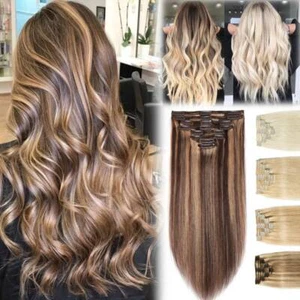 ExtraThick Double Weft Clip In Real Remy Human Hair Extension Full Head INS WQ13 - Picture 1 of 49