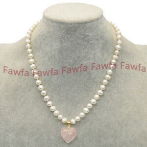 White Freshwater Baroque Pearl Pink Rose Quartz Heart Pendant Jewelry Necklace