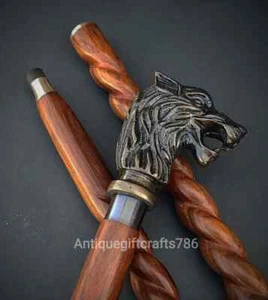 Antique Wolf Head Handle Wooden Cane Walking Stick Vintage Handmade Design Gift - Picture 1 of 4