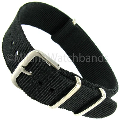 Correa de reloj de 3 anillos de lona de tela de nailon Milano de 18 mm negra militar del ejército Foto 1 de 3