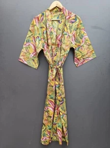 Gelber langer Baumwoll-Kimono Blätterdruck Damen Nachtwäsche indisches Gewand Kleid Dress US - Bild 1 von 6