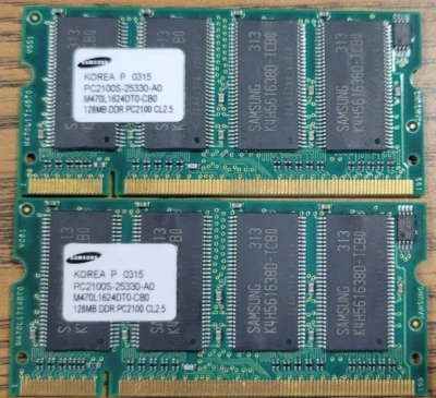 LOT OF 2 128MB SAMSUNG  M470L1624DT0-CB0 LAPTOP MEMORY RAM DDR PC2100 CL2.5 - Image 1 of 3