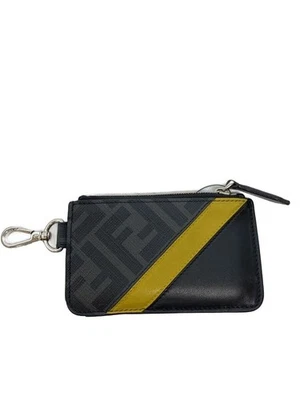 FENDI Estojo de Cartão Couro BLK Masculino 7M0343 Zucca Pass Moeda Mini Carteira Usada - Imagem 1 de 3